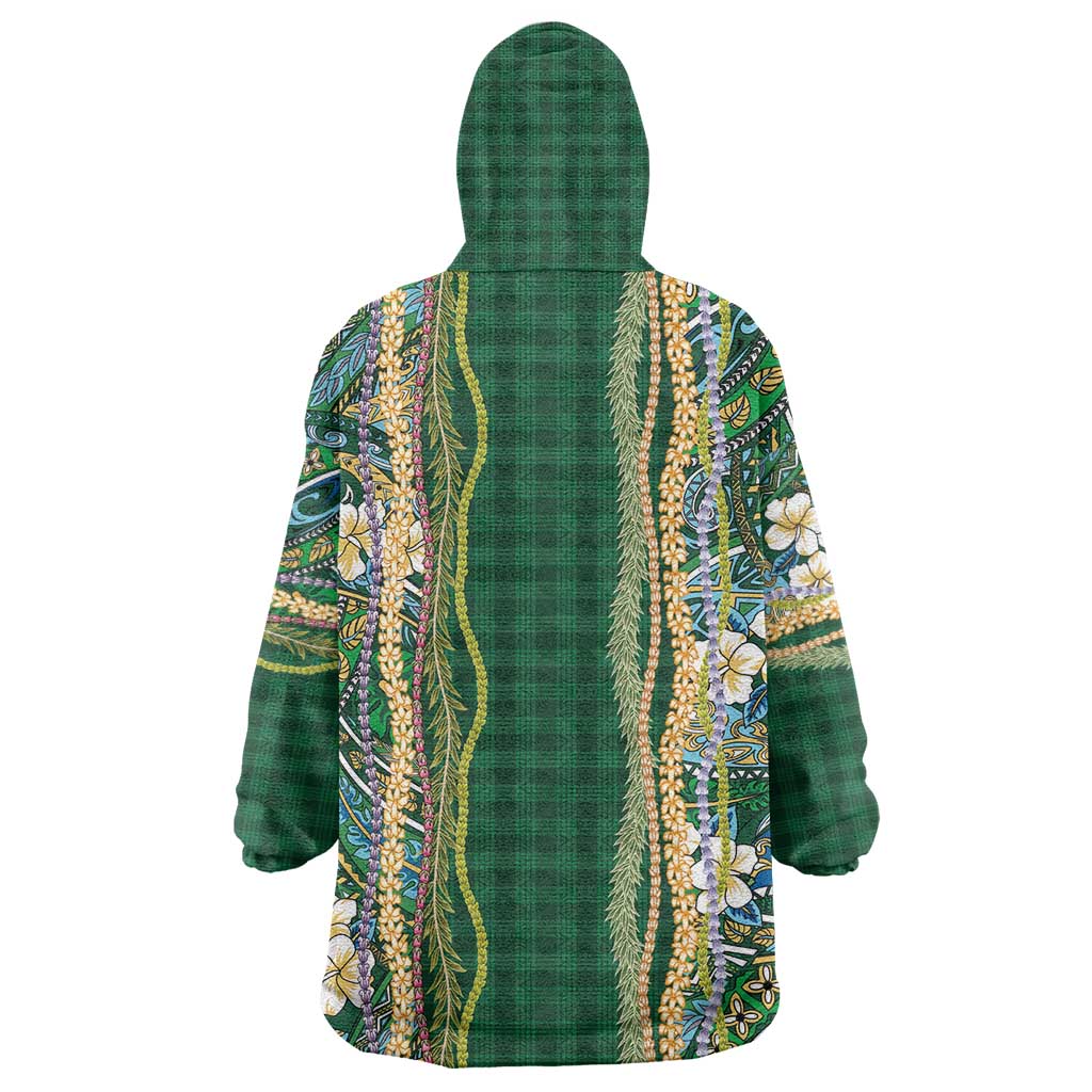 Hawaiian Art Flower Tribal with Lei Wearable Blanket Hoodie Palaka Pattern Green Color - Polynesian Pride