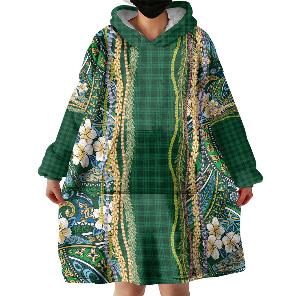 Hawaiian Art Flower Tribal with Lei Wearable Blanket Hoodie Palaka Pattern Green Color - Polynesian Pride
