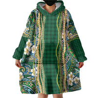 Hawaiian Art Flower Tribal with Lei Wearable Blanket Hoodie Palaka Pattern Green Color - Polynesian Pride