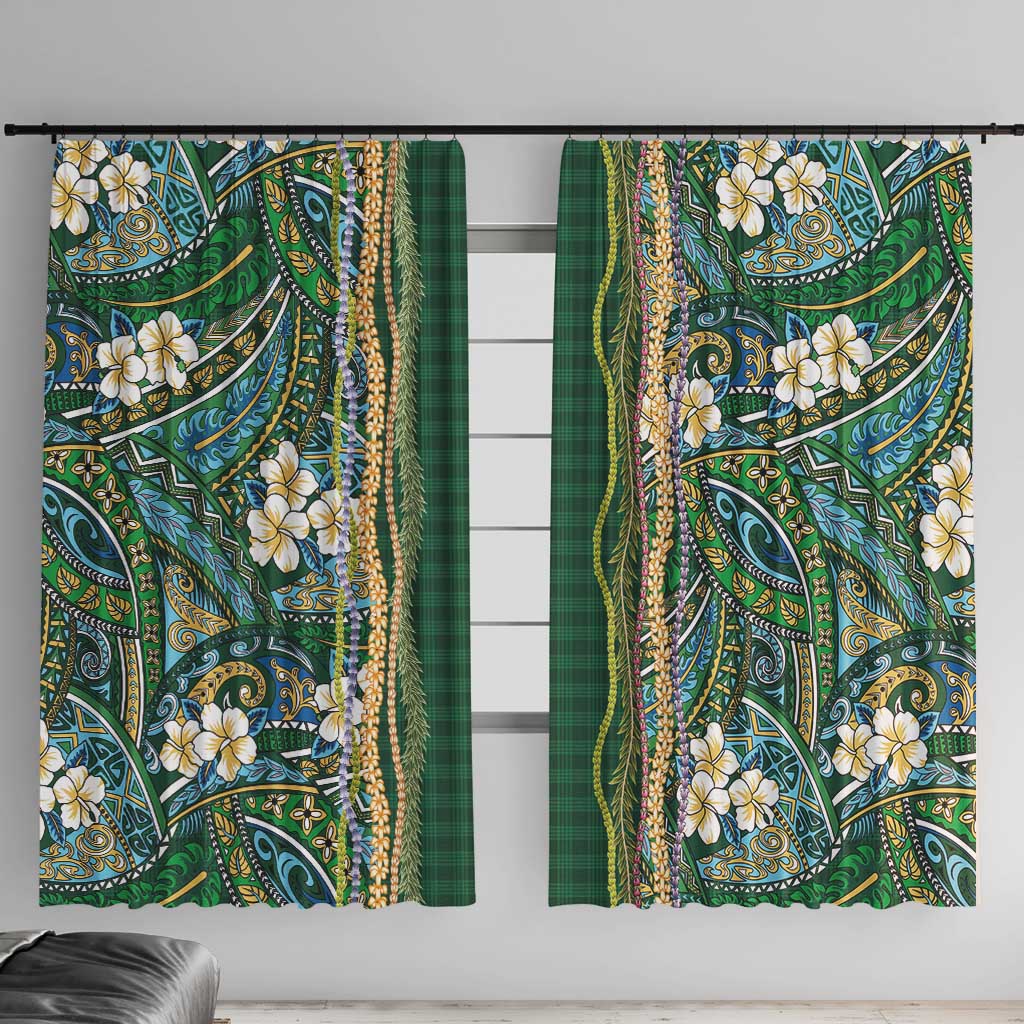 Hawaiian Art Flower Tribal with Lei Window Curtain Palaka Pattern Green Color LT03 With Hooks Green - Polynesian Pride