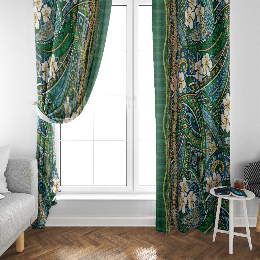 Hawaiian Art Flower Tribal with Lei Window Curtain Palaka Pattern Green Color LT03 - Polynesian Pride