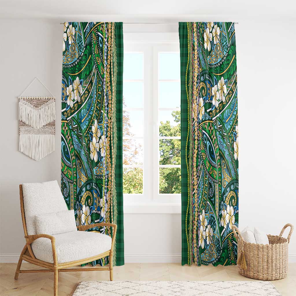 Hawaiian Art Flower Tribal with Lei Window Curtain Palaka Pattern Green Color LT03 - Polynesian Pride