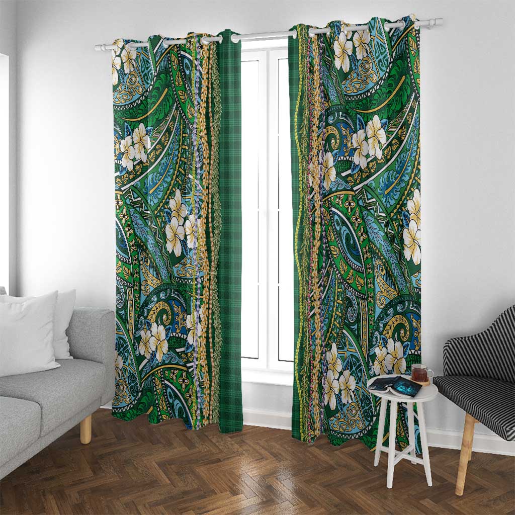 Hawaiian Art Flower Tribal with Lei Window Curtain Palaka Pattern Green Color LT03 With Grommets Green - Polynesian Pride