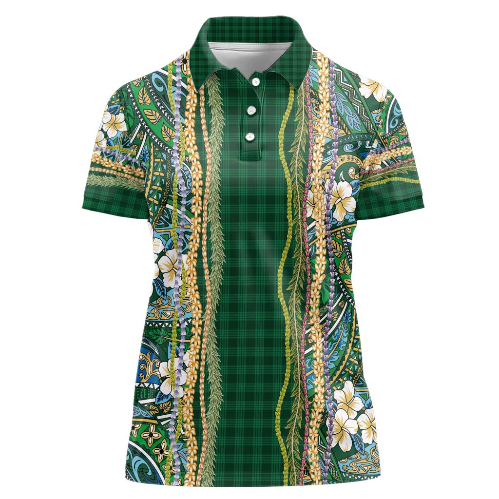Hawaiian Art Flower Tribal with Lei Women Polo Shirt Palaka Pattern Green Color - Polynesian Pride