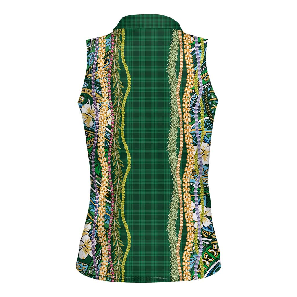 Hawaiian Art Flower Tribal with Lei Women Sleeveless Polo Shirt Palaka Pattern Green Color - Polynesian Pride