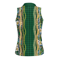 Hawaiian Art Flower Tribal with Lei Women Sleeveless Polo Shirt Palaka Pattern Green Color - Polynesian Pride