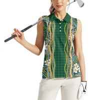 Hawaiian Art Flower Tribal with Lei Women Sleeveless Polo Shirt Palaka Pattern Green Color - Polynesian Pride