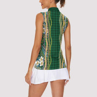 Hawaiian Art Flower Tribal with Lei Women Sleeveless Polo Shirt Palaka Pattern Green Color - Polynesian Pride