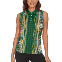 Hawaiian Art Flower Tribal with Lei Women Sleeveless Polo Shirt Palaka Pattern Green Color - Polynesian Pride