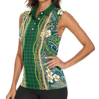 Hawaiian Art Flower Tribal with Lei Women Sleeveless Polo Shirt Palaka Pattern Green Color - Polynesian Pride