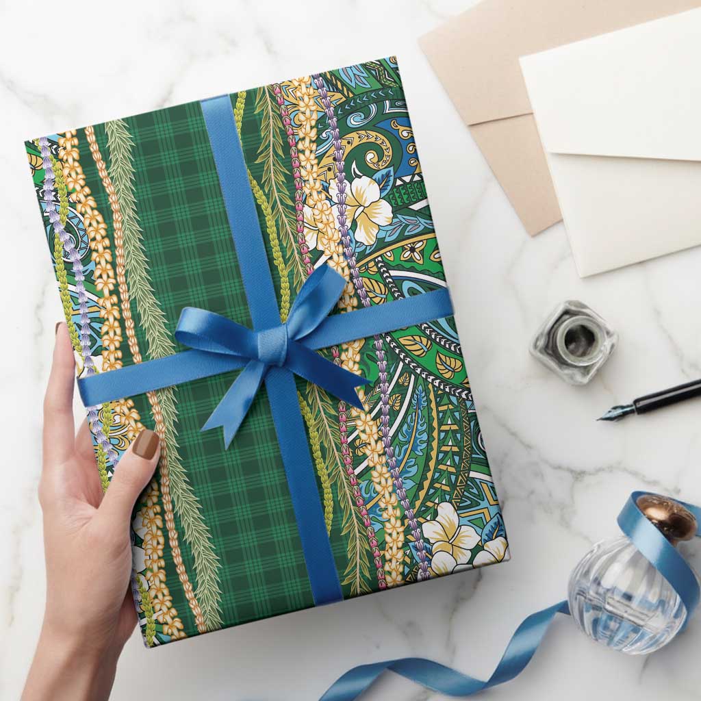 Hawaiian Art Flower Tribal with Lei Wrapping Paper Palaka Pattern Green Color - Polynesian Pride