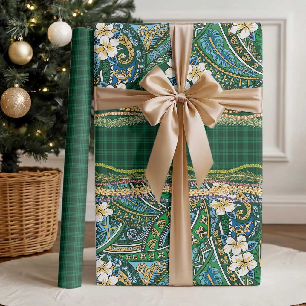 Hawaiian Art Flower Tribal with Lei Wrapping Paper Palaka Pattern Green Color - Polynesian Pride
