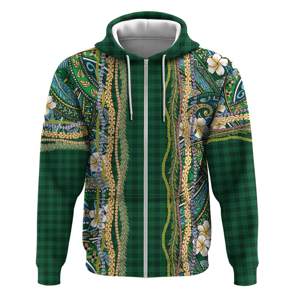 Hawaiian Art Flower Tribal with Lei Zip Hoodie Palaka Pattern Green Color - Polynesian Pride