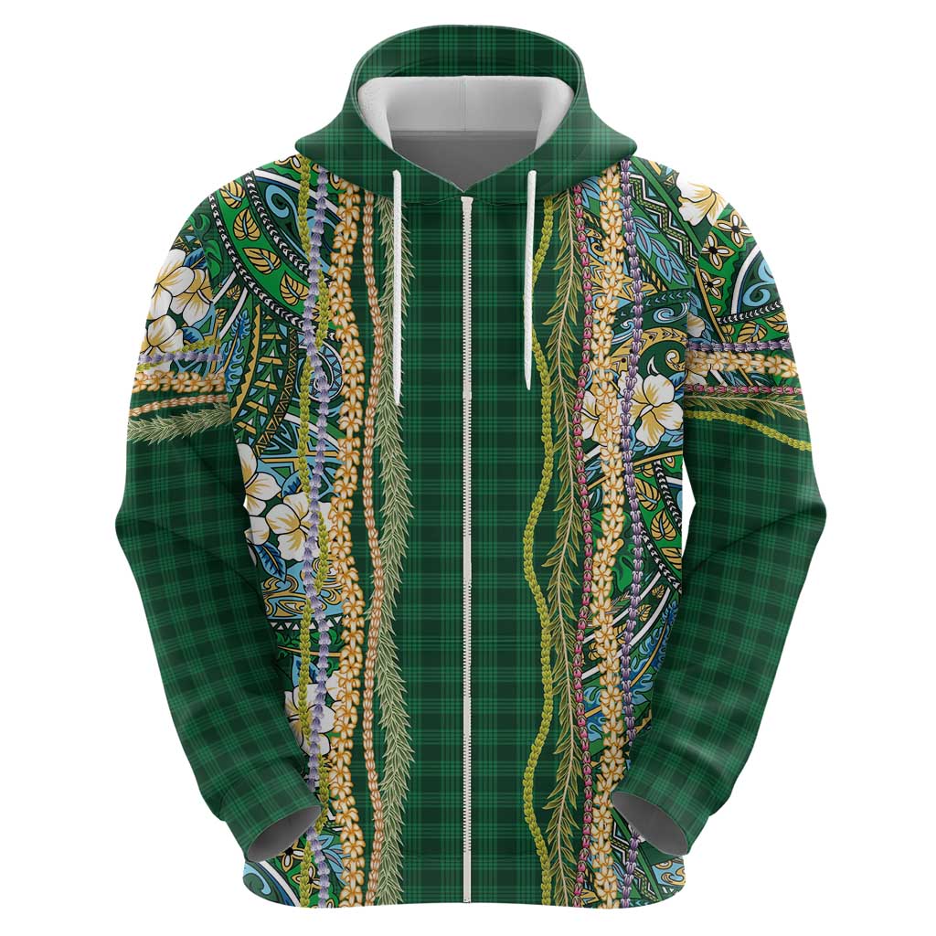 Hawaiian Art Flower Tribal with Lei Zip Hoodie Palaka Pattern Green Color - Polynesian Pride