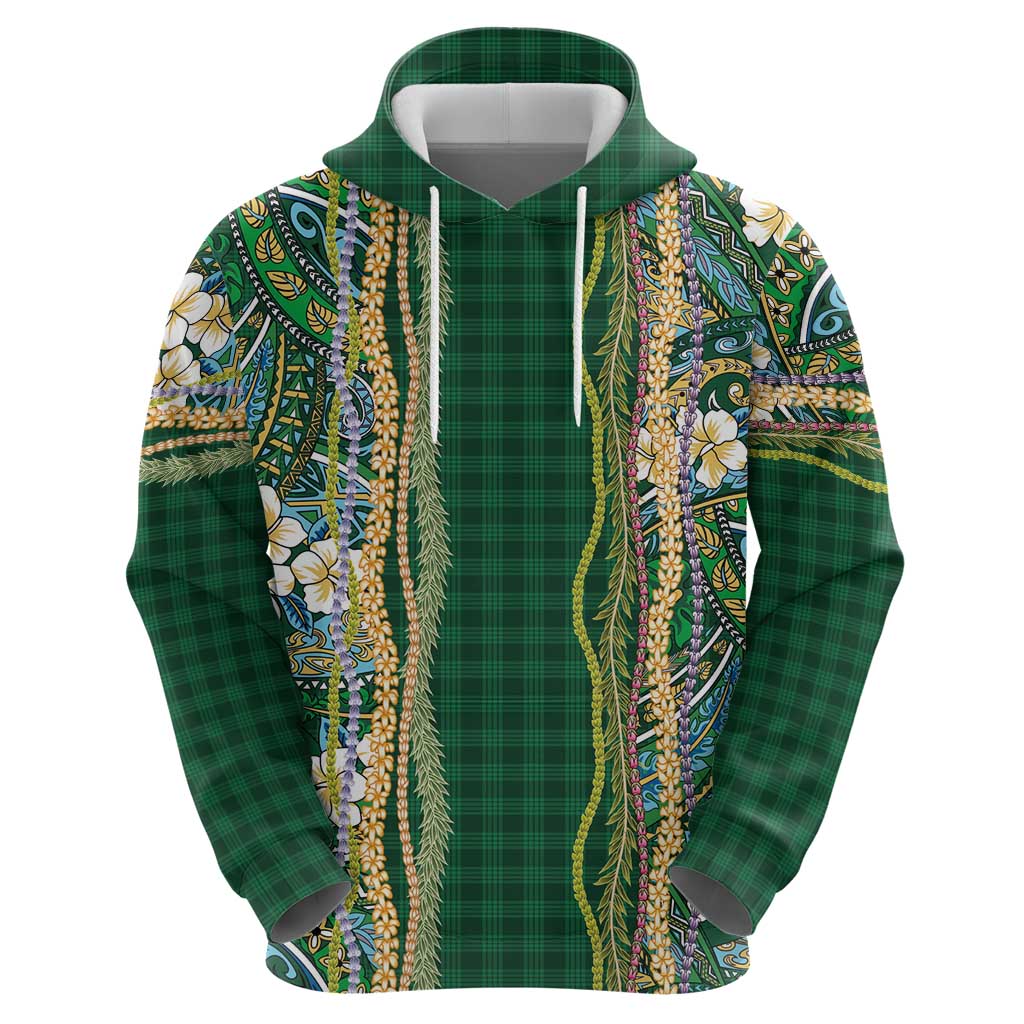 Hawaiian Art Flower Tribal with Lei Zip Hoodie Palaka Pattern Green Color - Polynesian Pride