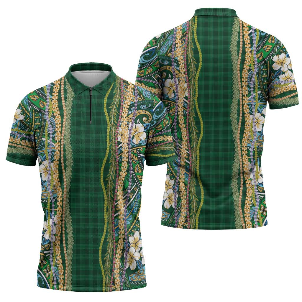 Hawaiian Art Flower Tribal with Lei Zipper Polo Shirt Palaka Pattern Green Color - Polynesian Pride