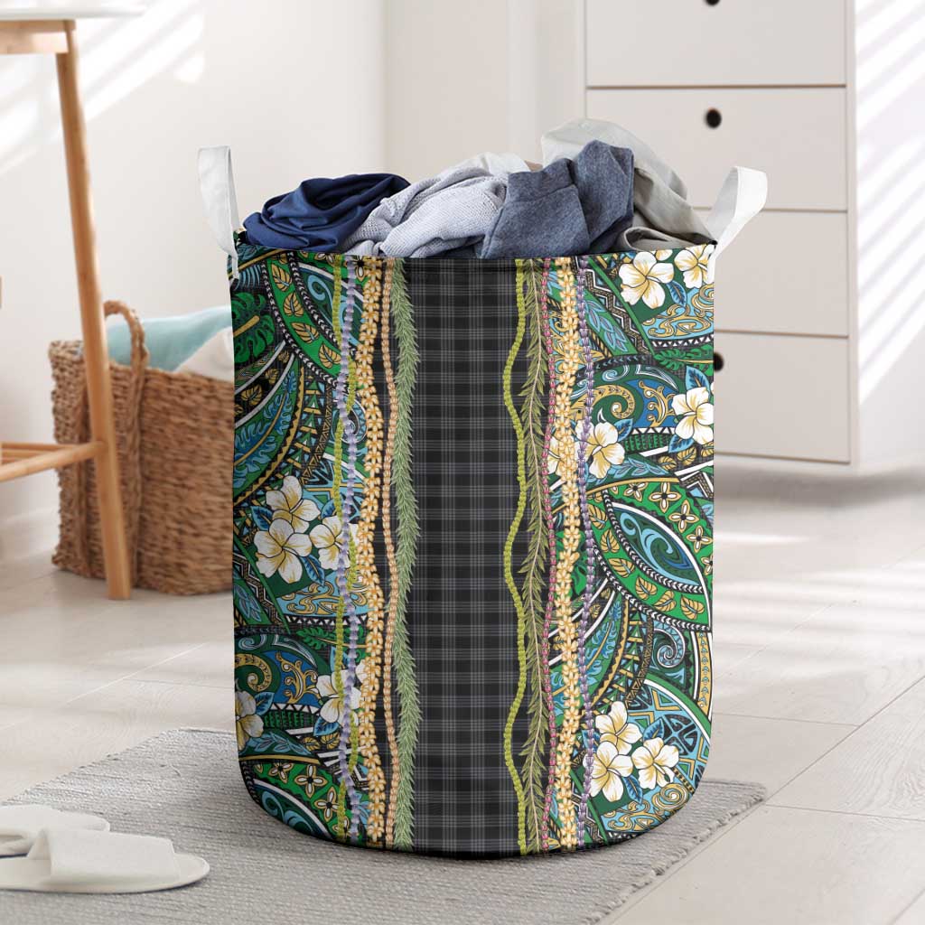 Hawaiian Art Flower Tribal with Lei Laundry Basket Palaka Pattern Black Color LT03 Black - Polynesian Pride