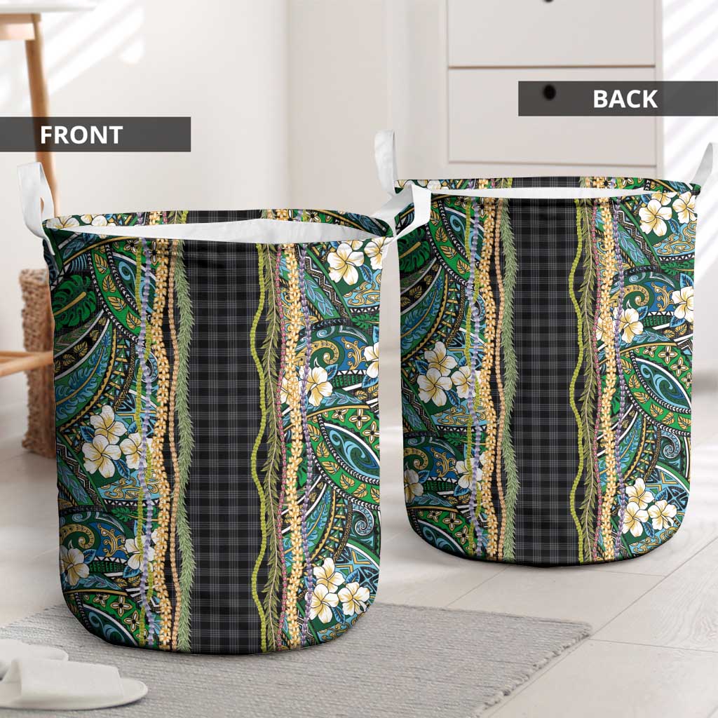 Hawaiian Art Flower Tribal with Lei Laundry Basket Palaka Pattern Black Color - Polynesian Pride