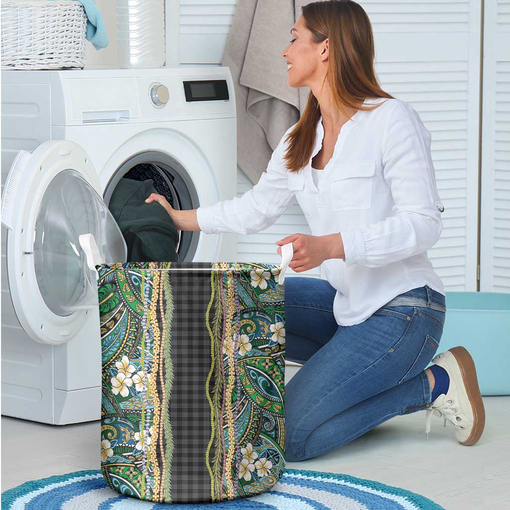 Hawaiian Art Flower Tribal with Lei Laundry Basket Palaka Pattern Black Color - Polynesian Pride