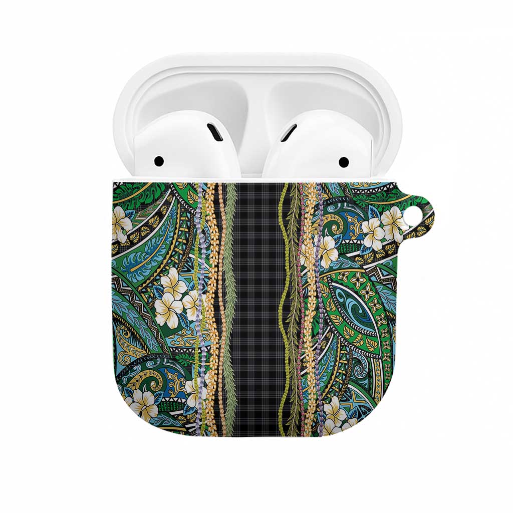Hawaiian Art Flower Tribal with Lei AirPods Case Palaka Pattern Black Color LT03 Black - Polynesian Pride