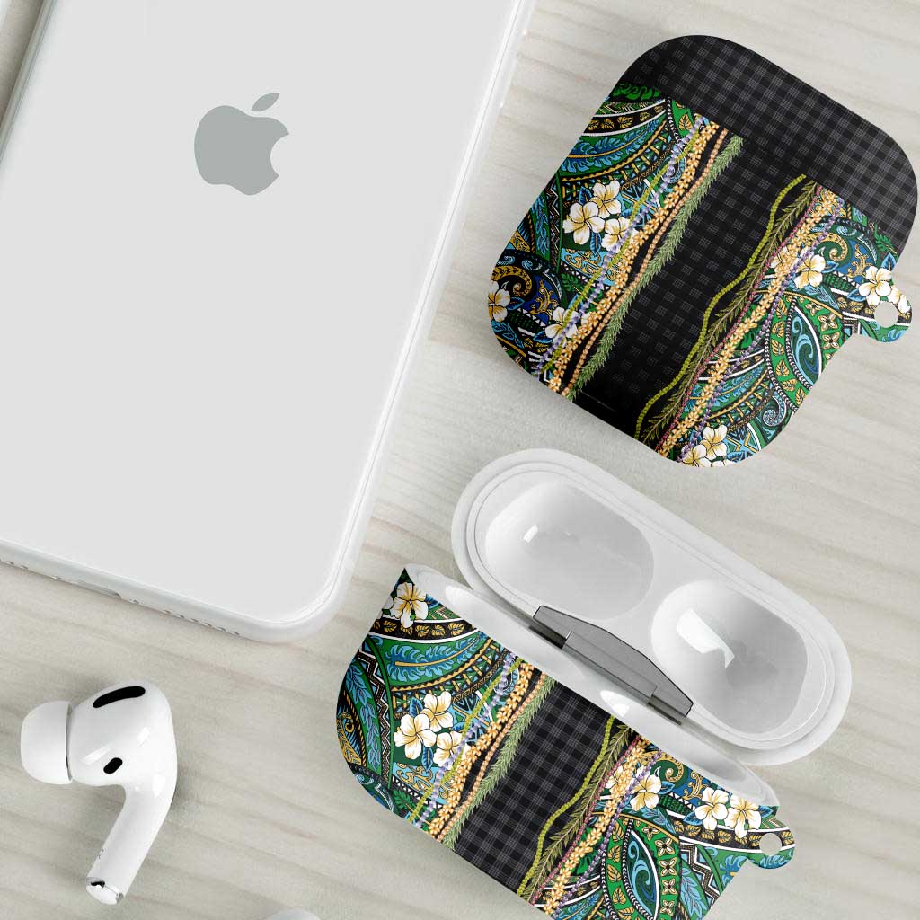 Hawaiian Art Flower Tribal with Lei AirPods Case Palaka Pattern Black Color LT03 - Polynesian Pride