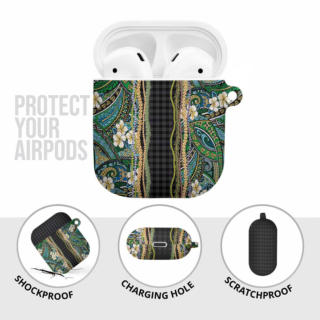 Hawaiian Art Flower Tribal with Lei AirPods Case Palaka Pattern Black Color LT03 - Polynesian Pride