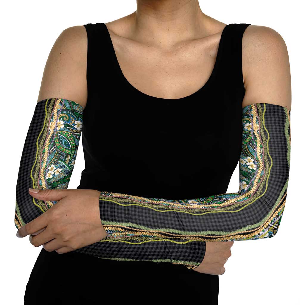 Hawaiian Art Flower Tribal with Lei Arm Sleeves Palaka Pattern Black Color - Polynesian Pride
