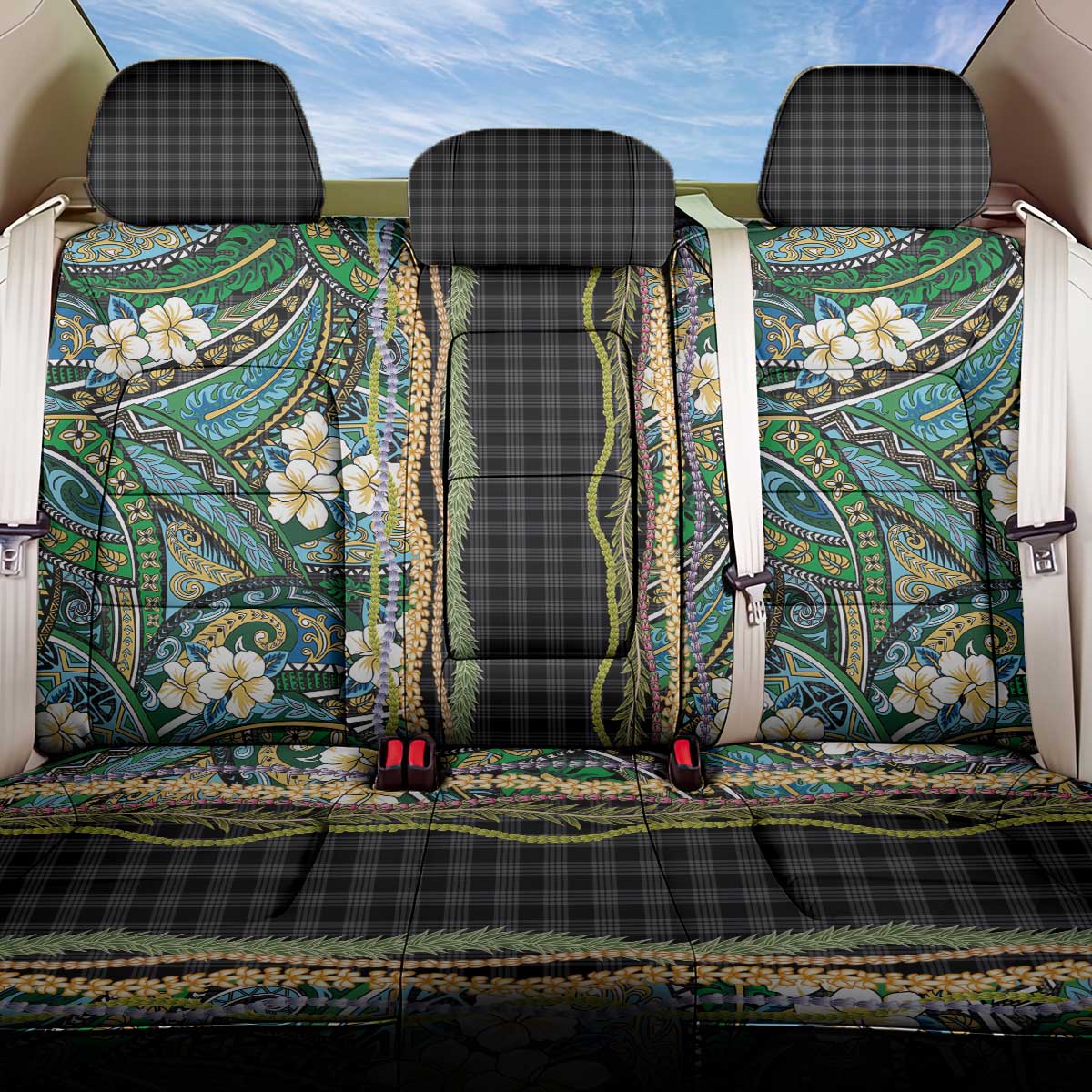Hawaiian Art Flower Tribal with Lei Back Car Seat Cover Palaka Pattern Black Color - Polynesian Pride