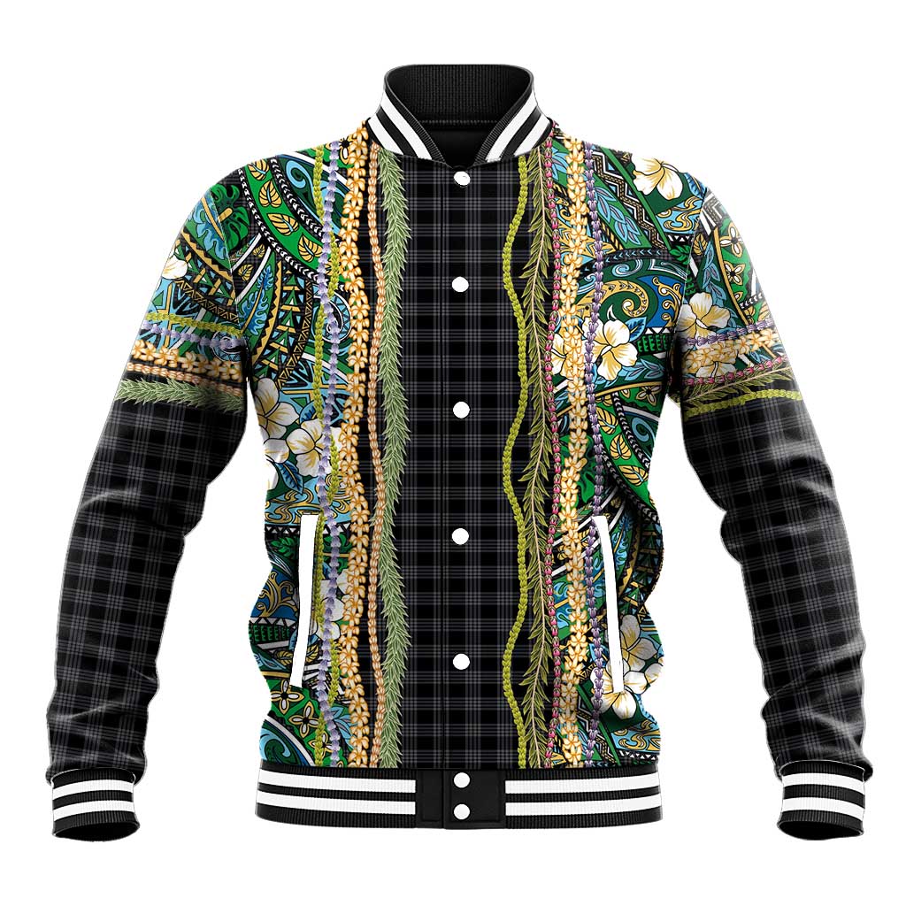 Hawaiian Art Flower Tribal with Lei Baseball Jacket Palaka Pattern Black Color - Polynesian Pride