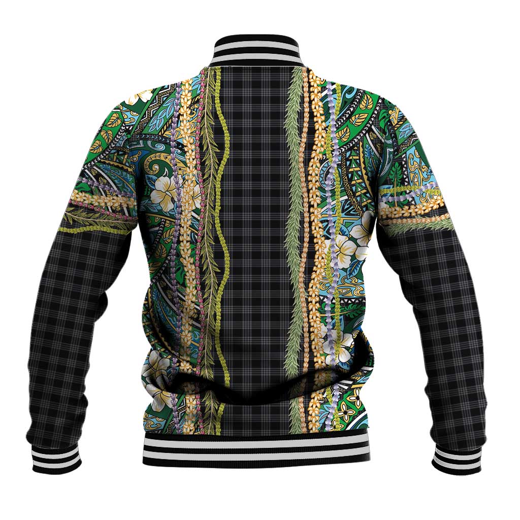 Hawaiian Art Flower Tribal with Lei Baseball Jacket Palaka Pattern Black Color - Polynesian Pride