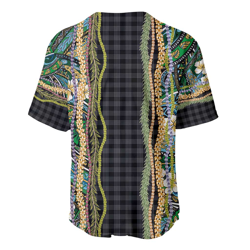 Hawaiian Art Flower Tribal with Lei Baseball Jersey Palaka Pattern Black Color - Polynesian Pride