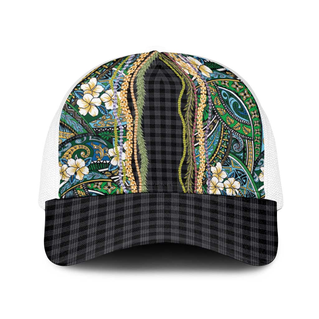 Hawaiian Art Flower Tribal with Lei Baseball Net Cap Palaka Pattern Black Color - Polynesian Pride