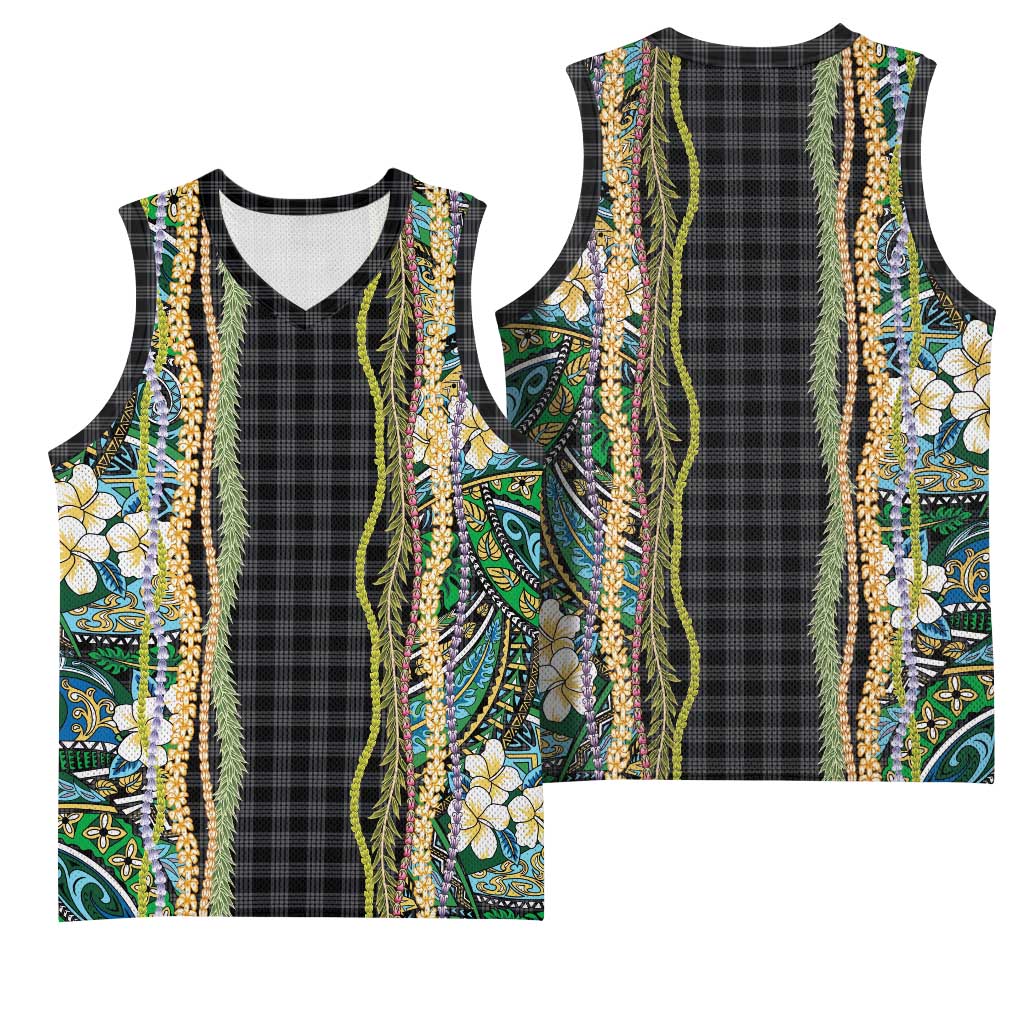 Hawaiian Art Flower Tribal with Lei Basketball Jersey Palaka Pattern Black Color - Polynesian Pride