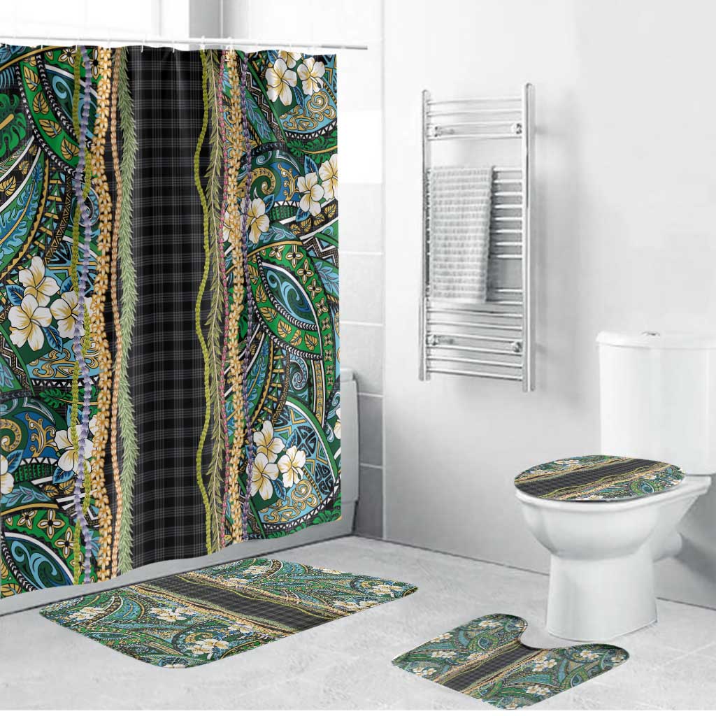 Hawaiian Art Flower Tribal with Lei Bathroom Set Palaka Pattern Black Color - Polynesian Pride