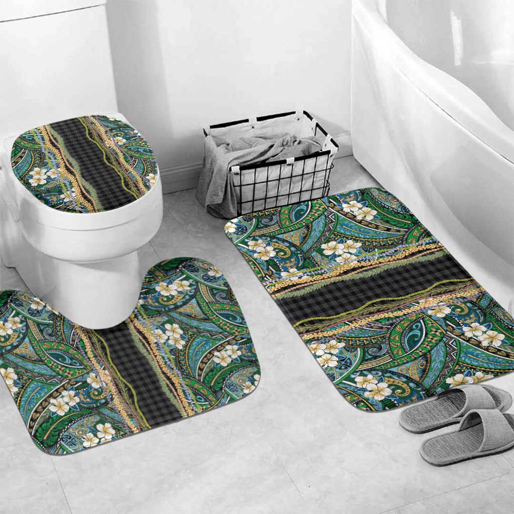 Hawaiian Art Flower Tribal with Lei Bathroom Set Palaka Pattern Black Color - Polynesian Pride