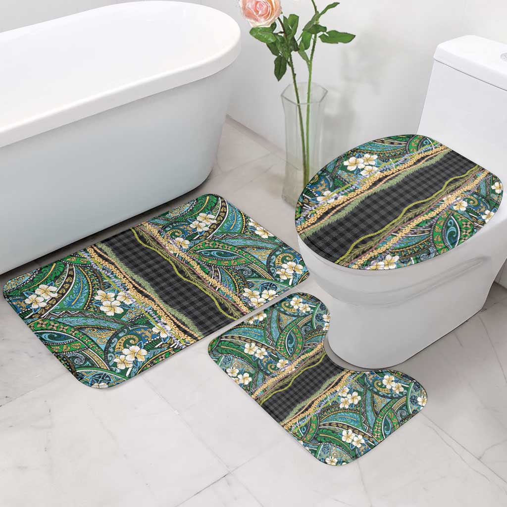 Hawaiian Art Flower Tribal with Lei Bathroom Set Palaka Pattern Black Color - Polynesian Pride