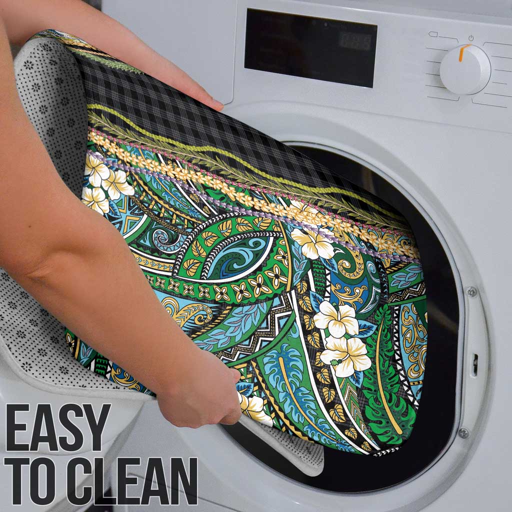 Hawaiian Art Flower Tribal with Lei Bathroom Set Palaka Pattern Black Color - Polynesian Pride