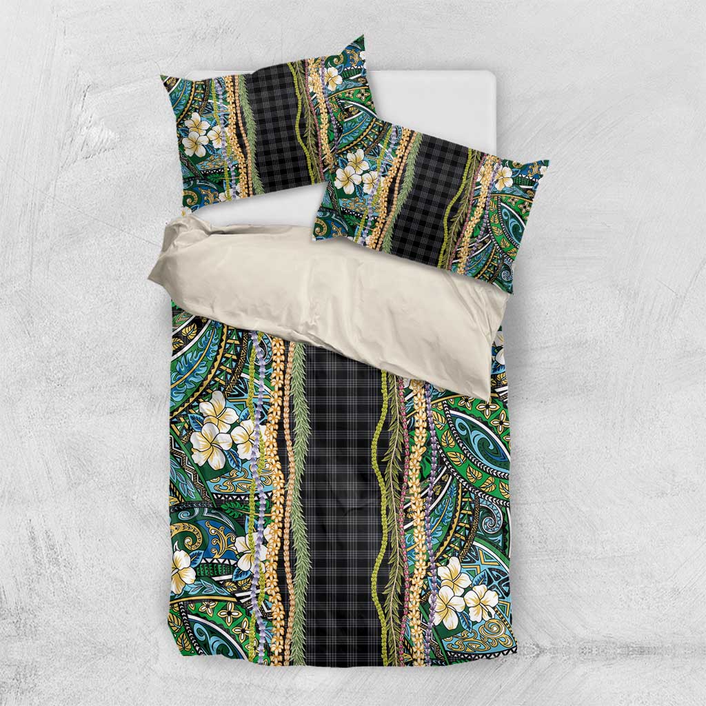 Hawaiian Art Flower Tribal with Lei Bedding Set Palaka Pattern Black Color - Polynesian Pride