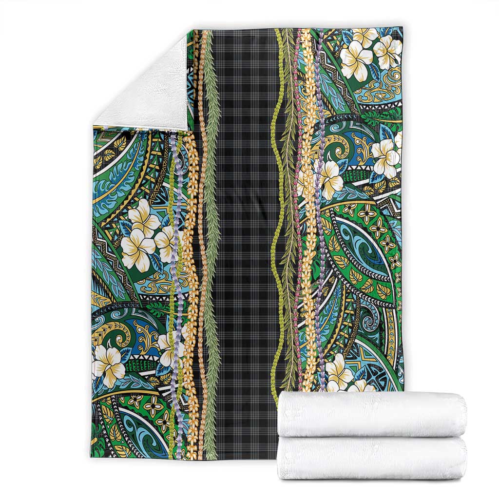 Hawaiian Art Flower Tribal with Lei Blanket Palaka Pattern Black Color - Polynesian Pride