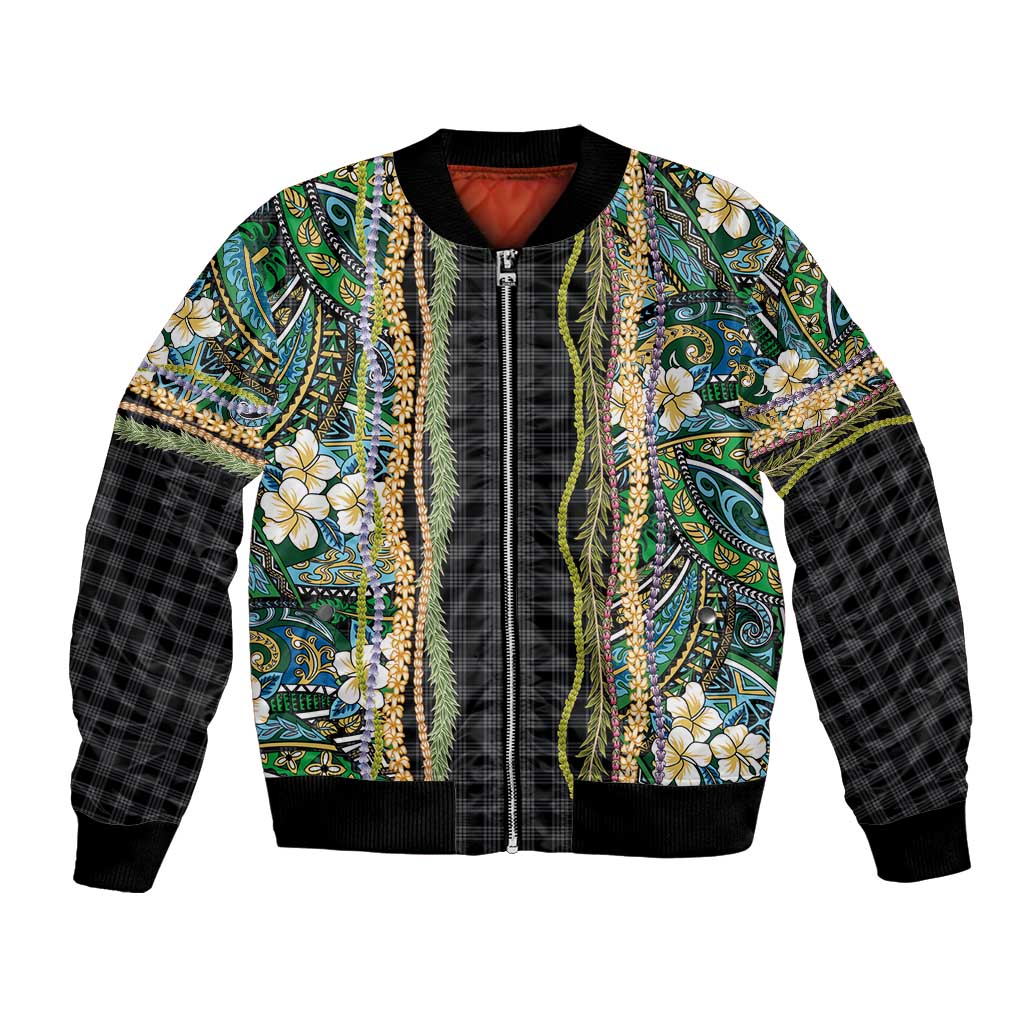 Hawaiian Art Flower Tribal with Lei Bomber Jacket Palaka Pattern Black Color LT03 Unisex Black - Polynesian Pride