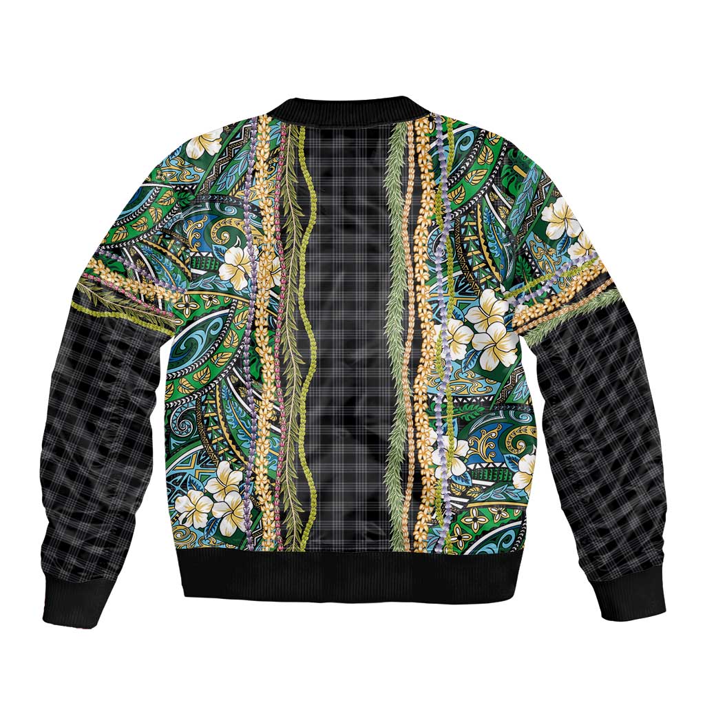 Hawaiian Art Flower Tribal with Lei Bomber Jacket Palaka Pattern Black Color - Polynesian Pride