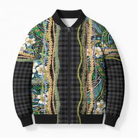 Hawaiian Art Flower Tribal with Lei Bomber Puffer Jacket Palaka Pattern Black Color - Polynesian Pride