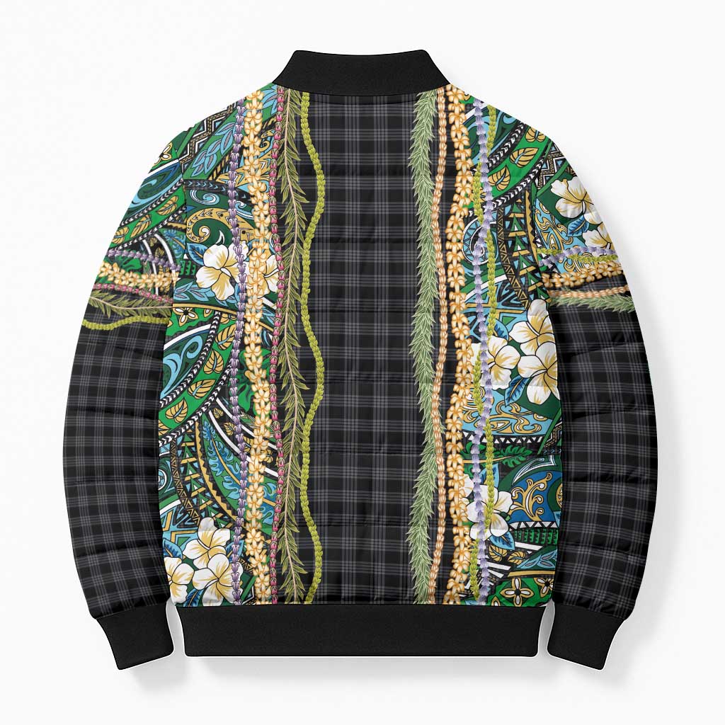 Hawaiian Art Flower Tribal with Lei Bomber Puffer Jacket Palaka Pattern Black Color - Polynesian Pride