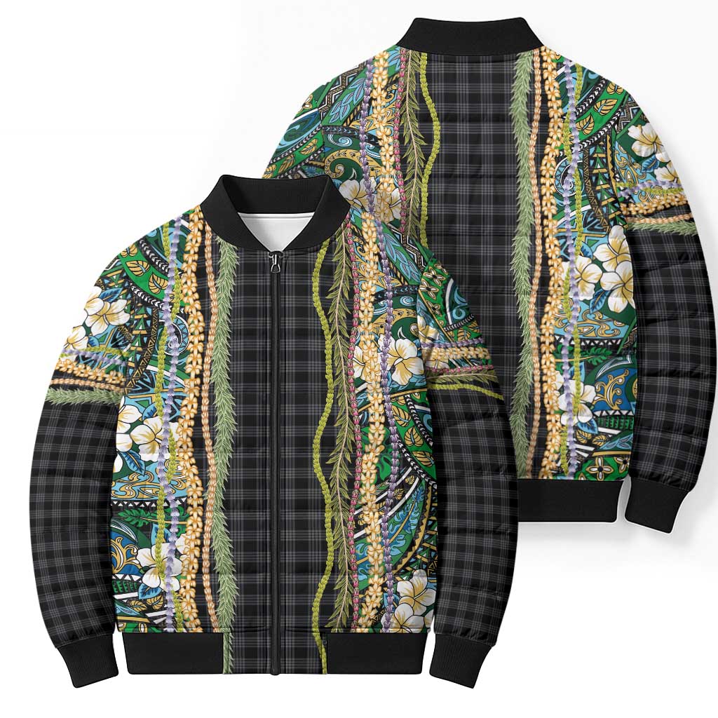 Hawaiian Art Flower Tribal with Lei Bomber Puffer Jacket Palaka Pattern Black Color - Polynesian Pride