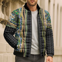 Hawaiian Art Flower Tribal with Lei Bomber Puffer Jacket Palaka Pattern Black Color - Polynesian Pride