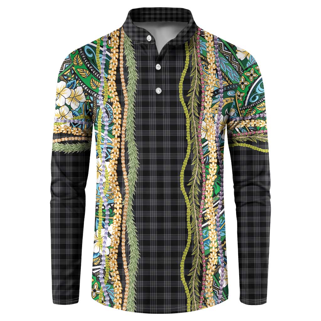 Hawaiian Art Flower Tribal with Lei Button Sweatshirt Palaka Pattern Black Color LT03 Black - Polynesian Pride
