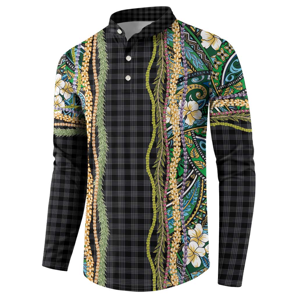 Hawaiian Art Flower Tribal with Lei Button Sweatshirt Palaka Pattern Black Color - Polynesian Pride