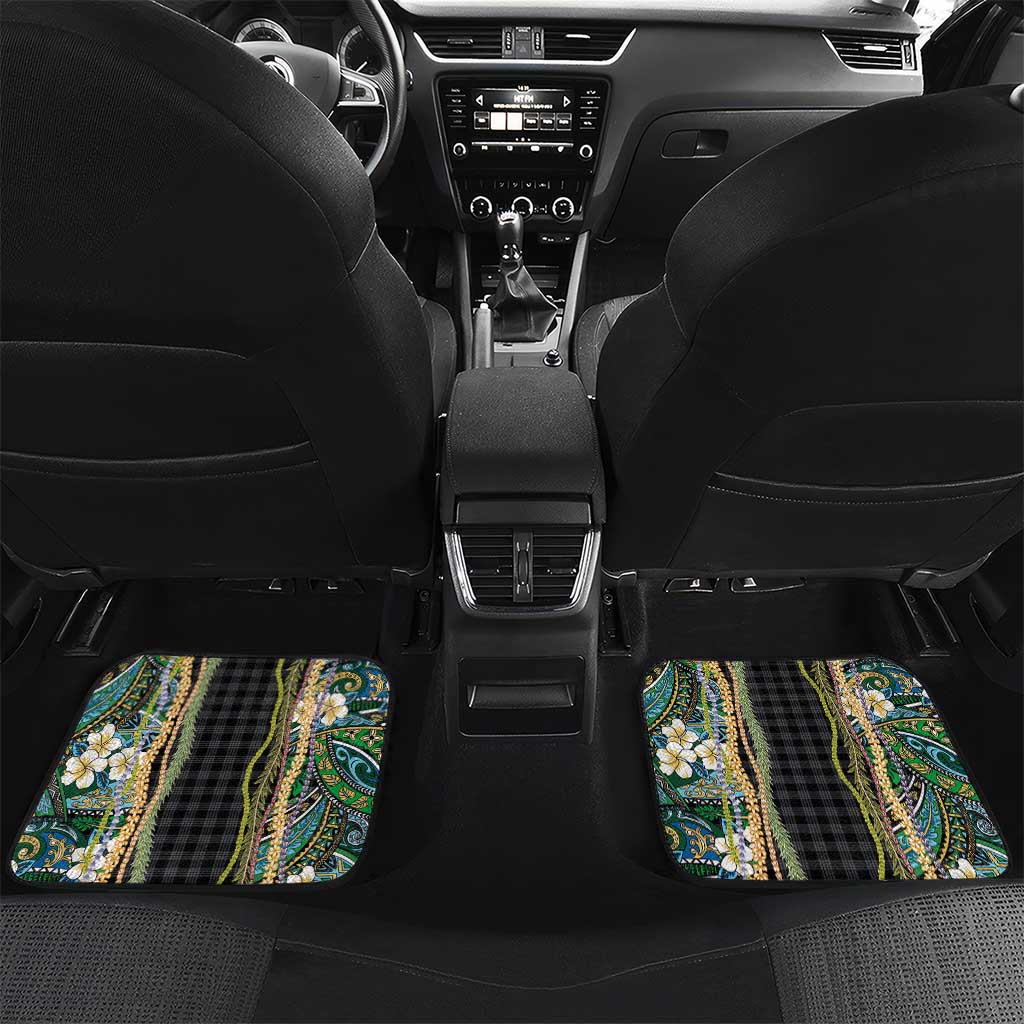 Hawaiian Art Flower Tribal with Lei Car Mats Palaka Pattern Black Color - Polynesian Pride