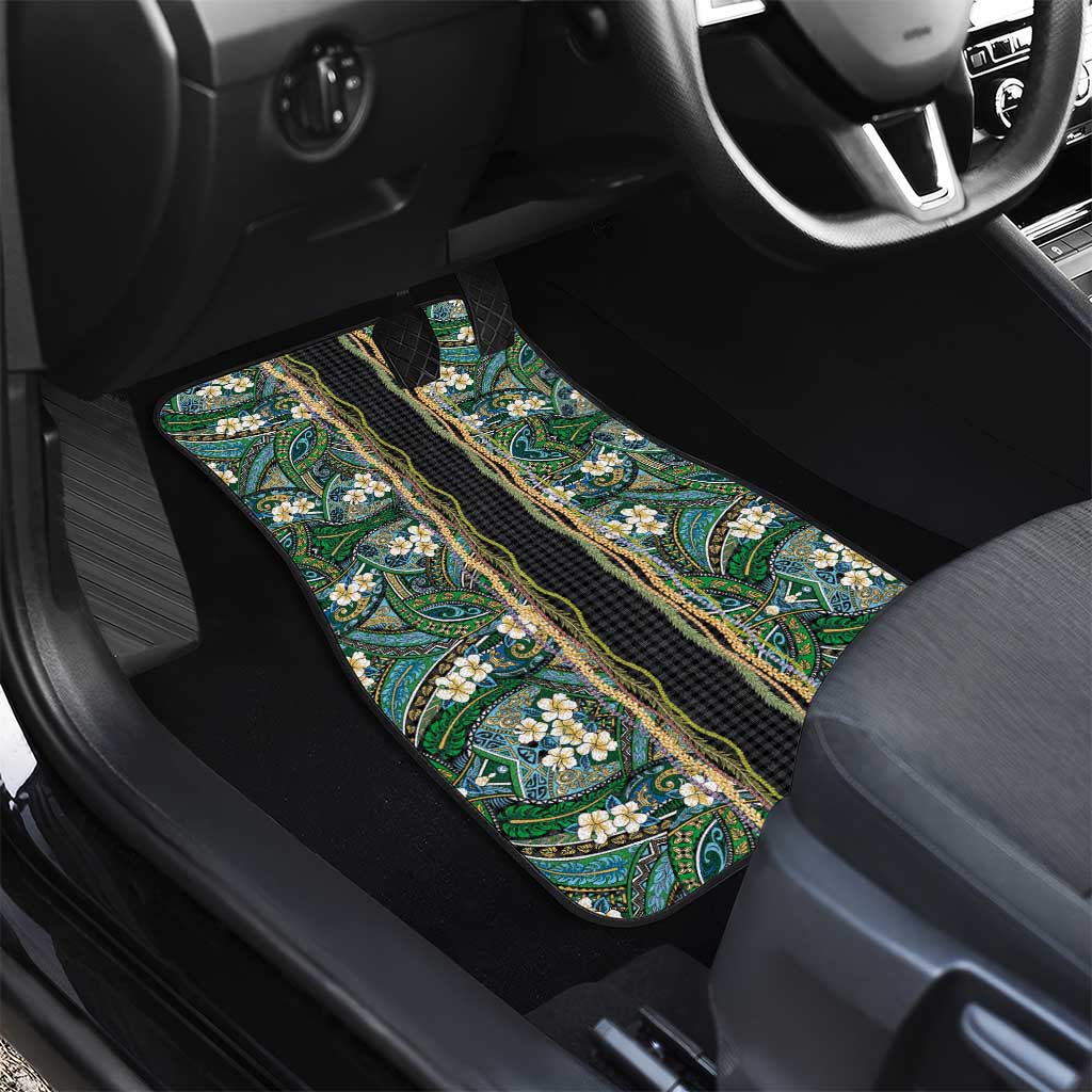 Hawaiian Art Flower Tribal with Lei Car Mats Palaka Pattern Black Color - Polynesian Pride