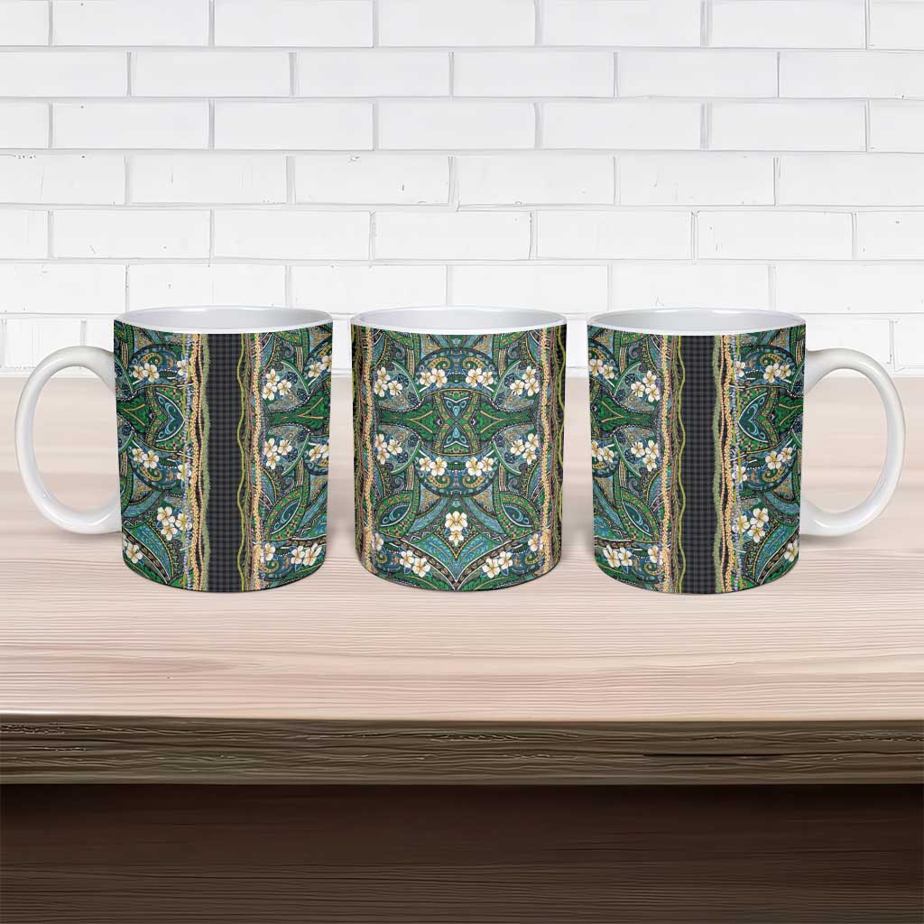 Hawaiian Art Flower Tribal with Lei Ceramic Mug Palaka Pattern Black Color - Polynesian Pride